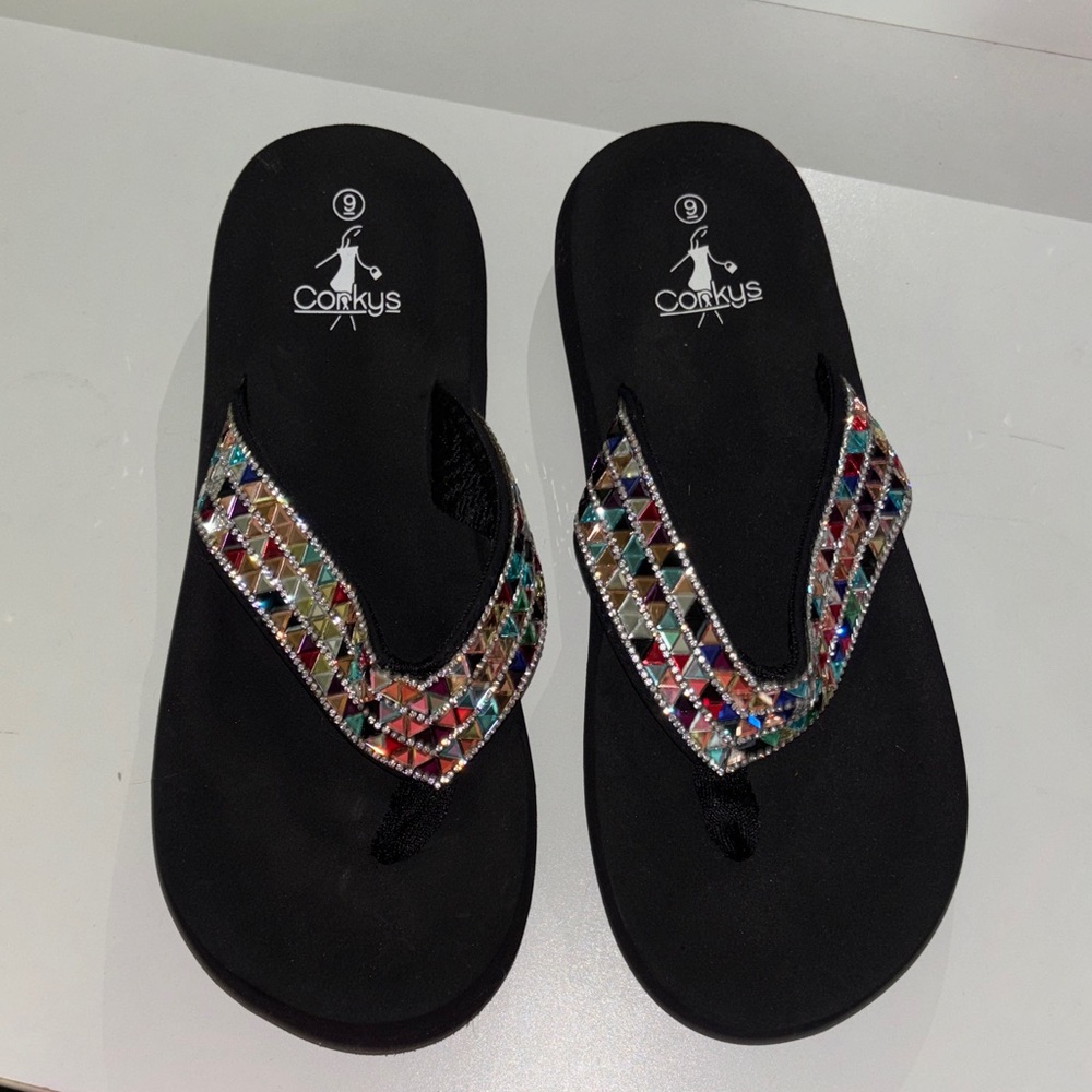 Corky’s jeweled flip flop sandals